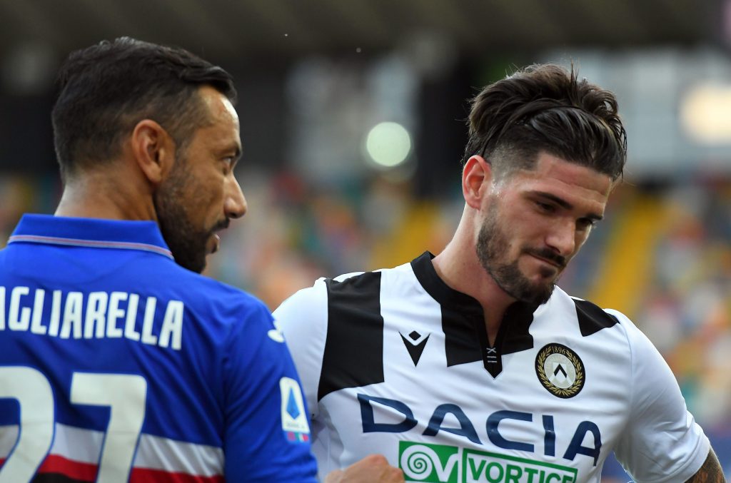 Fabio Quagliarella con Rodrigo De Paul durante Udinese-Sampdoria.